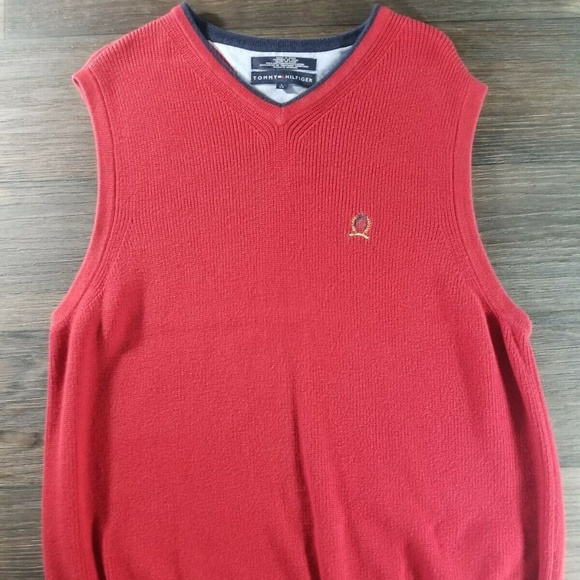 Tommy Hilfiger Mens V-Neck Sweater Vest Size Large Red Cotton Casual Preppy